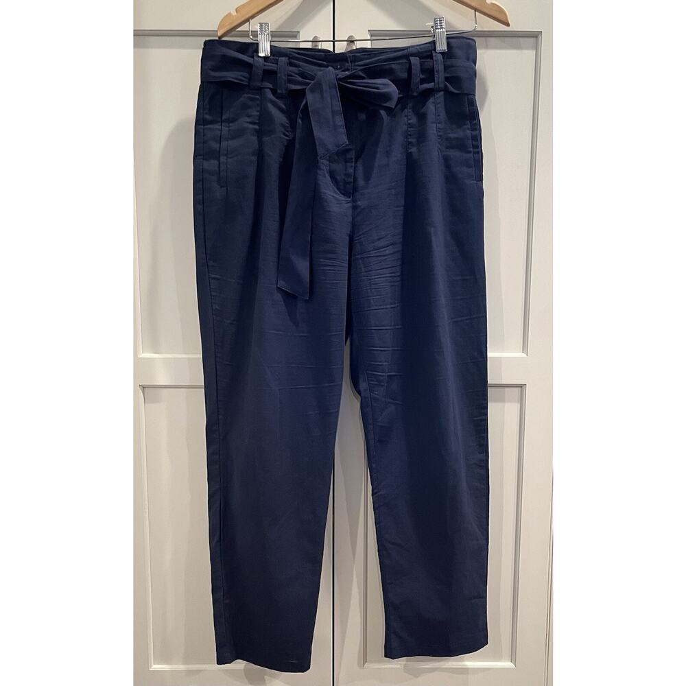Aqua Linen /Cotton Belted Paper bag Cropped High Rise Pants Women's XL Navy